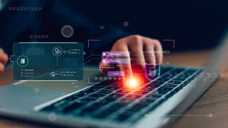 data protection hacker. cyber security and Security password login online concept Hands typing and...