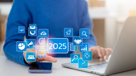 Businessman plans strategy marketing and finance for 2025, planning business growth with technology, AI, and environmental care to New Year resolutions business. digital transformation 2025の写真素材