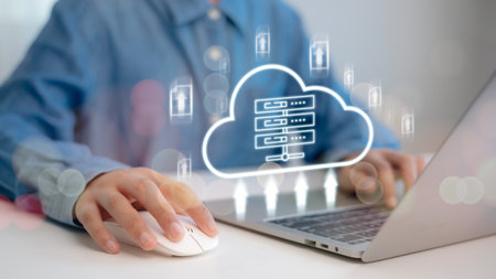 Man uses cloud technology and File Transfer backup copy, Global business Internet for Telecommunication. Cloud technology concept Global network of metaverse systems concept.の写真素材