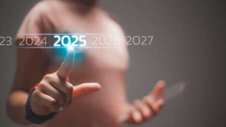 Hand touch on a virtual screen 2025, New Goals, Plans, and numbers for Next Year, Businessman...