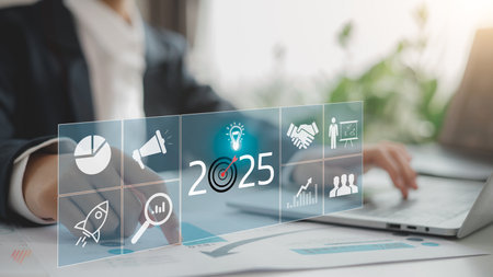 Businessman plans strategy marketing and finance for 2025, planning business growth with technology, AI, and environmental care to New Year resolutions business. digital transformation 2025の写真素材