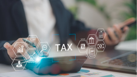 Individual income tax return form online for tax payment. Government, state taxes. Data analysis, paperwork, financial research, and reports. Calculation of tax return.の写真素材