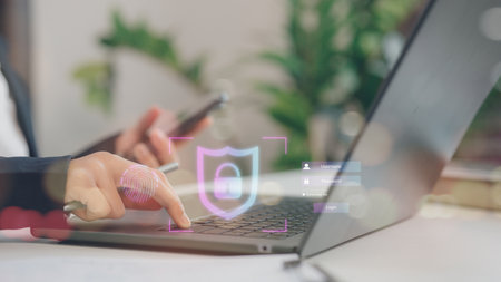 Cyber security and data protection. Businessmen using laptops protect business and financial data with virtual network connections, smart solutions from cyber attacks, cybersecurity technologyの写真素材
