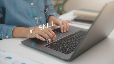 Upskill and personal development concept. Employee upskill or reskill, training, education, learning, ability, knowledge, and competency for digital transformation.の写真素材