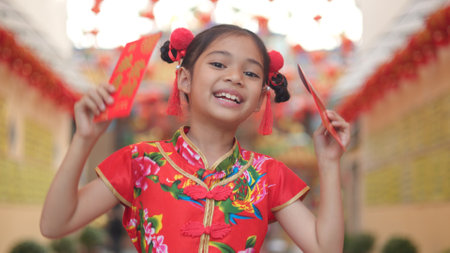 Asian girl wearing red traditional Chinese cheongsam decoration holding red envelopes in hand and lanterns with the Chinese text Blessings written on it Is a Fortune blessing for Chinese New Yearの写真素材