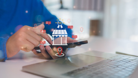Local SEO, and consumer experience in online business reviews. local business reviews and customer feedback system on mobile devices, showcasing star ratings for small businesses. Digital marketing.の写真素材