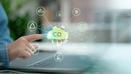 Innovation green business concept. A man report results to reduce CO2 emissions carbon footprint...