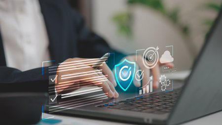 Business professional managing cybersecurity data and analytics through a virtual dashboard...