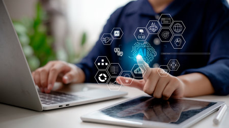 Businesswoman interacting with AI interface on virtual screen, showing artificial intelligence icons, neural network, automation, and smart data technology for digital innovation.の写真素材