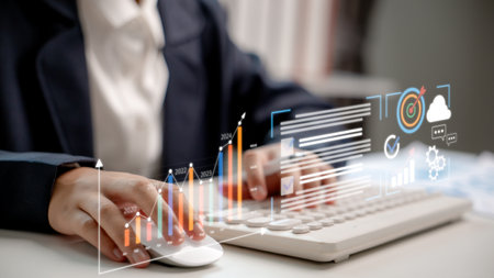 Businesswoman analyzing financial data and performance growth with futuristic chart and KPI dashboard, digital transformation and business analytics concept for strategic planning.の写真素材