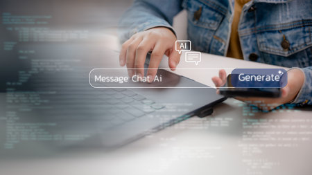 User interacting with AI chat interface on laptop and smartphone, symbolizing prompt generation, natural language processing, chatbot communication, and generative AI technology.の写真素材