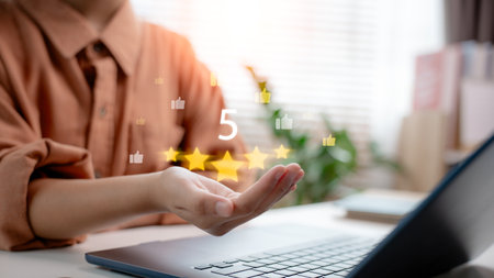 Customer giving five-star rating with thumbs up icons and virtual interface. Concept of satisfaction, service review, survey feedback, and user experience evaluation in digital platform.の写真素材