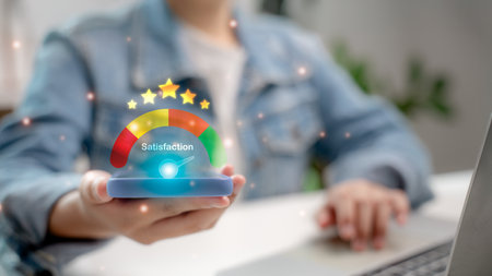 Hand holding smartphone with digital satisfaction gauge and five-star rating, illustrating customer satisfaction level, service quality, and user experience evaluation in a modern feedback system.の写真素材