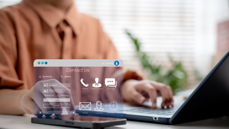 Customer with virtual contact us interface on tablet screen, login form and customer service icons such as email, phone, live chat, sales support, and 24/7 assistance.の写真素材
