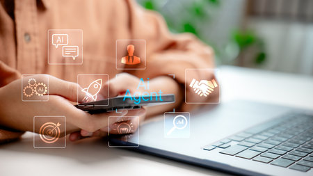 AI agent system performing tasks automatically, making intelligent decisions and interacting via digital interface, enhancing business performance and communication flow.の写真素材