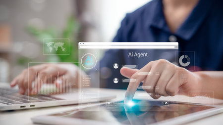 AI agent interface on virtual screen showing chatbot interaction, dashboard analytics, and user profile, representing a smart digital assistant in modern technology.の写真素材