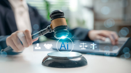 A judge using a gavel with an AI icon on a digital interface, representing artificial intelligence...