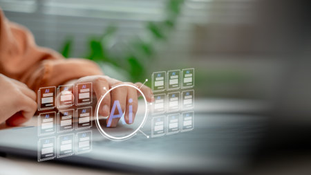 Hand uses an AI-powered system on the laptop to generate digital documents automatically, representing artificial intelligence, automation, smart content creation, and modern business tools.の写真素材