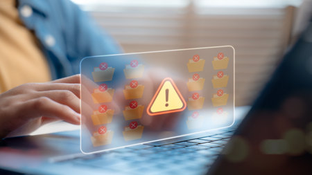 System warning alert on digital screen with error folders and exclamation icon. Data failure, software malfunction, or cyber threat concept for IT security and tech problem.の写真素材