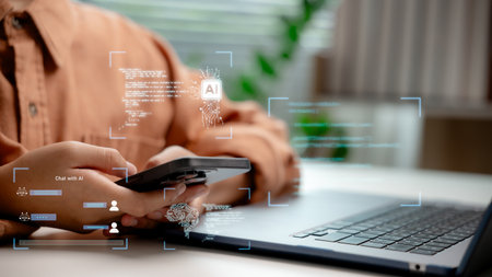 User chatting with AI assistant on smartphone, concept of artificial intelligence chatbot, smart...