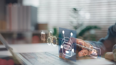 Artificial intelligence for business automation and communication. A person interacts with AI...