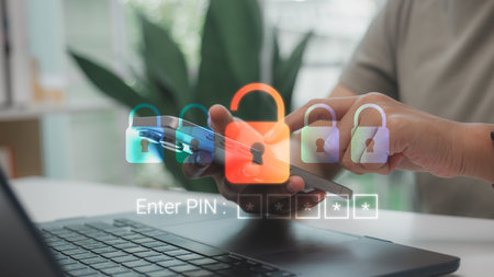 Entering PIN code for secure mobile access with digital lock icons. Concept of data protection,...