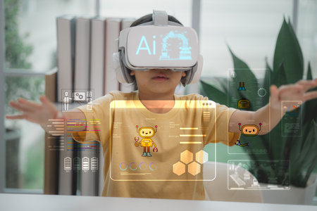 Child wearing VR headset interacting with AI and robot hologram interface. Concept of future...