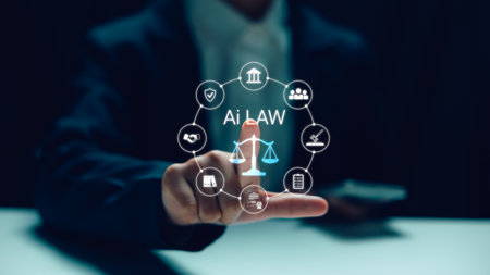 AI law and legal technology concept with businessperson using digital justice system icons. Suitable...