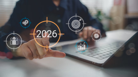 Future business planning and digital target strategy for 2026, showing person pointing at goals with...