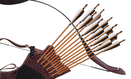 Traditional Archery Black Wooden Leather Quiver Arrow Horse Bow Turkish in White Isolated Background