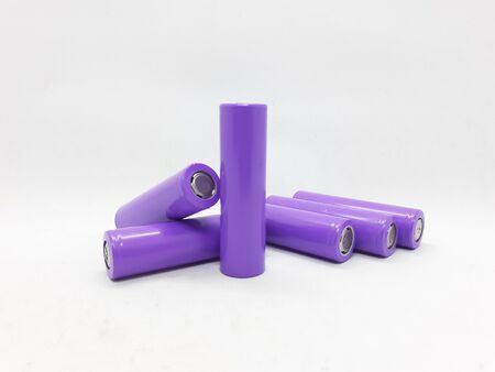 Modern Colorful 18650 Battery Type for Electronic Device Power Bank Charger in White Isolated Backgroundの写真素材