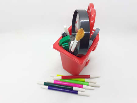 Artistic Red Writing Utensils Case with Unique Special Design of Huge Pencil Shape for Kids in White Isolated Backgroundの写真素材