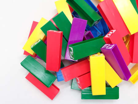 Artistic Handmade Colorful Various Shape Wooden Building Blocks Kid Toys for Playing and Creative Educational Purpose in White Isolated Backgroundのeditorial素材