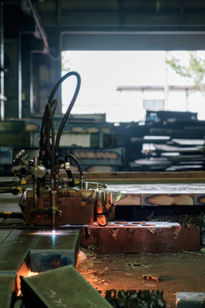 Machine for gas fusing extremely thick steel plates in ironworks Cuttingの写真素材