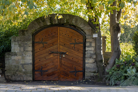 old wooden door with metal frame leading to a stone cellar, underground, surrounded by trees in the park of the botanical garden,in the shadeの写真素材