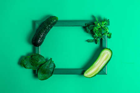 Wooden frame with cucumbers, spinach and corn salad for copyspace tinted mint turquoise copyspaceの写真素材