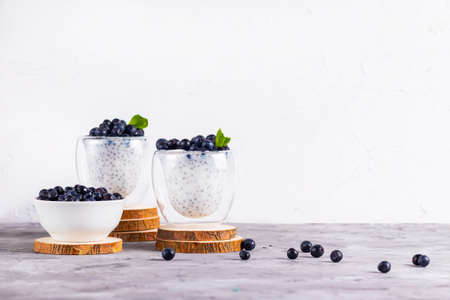 Chia pudding with mint and blueberries in glasses on a wooden stand with a plate of blueberries on a gray tableの写真素材