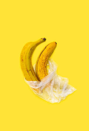 Ugly bananas in a plastic bag on a yellow backgroundの写真素材