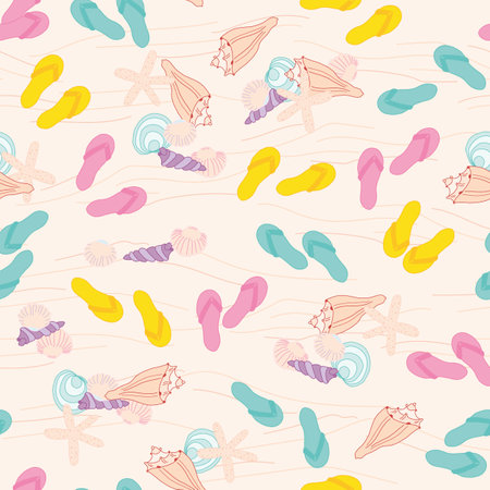 Colorful Flip Flops and Seashells seamless pattern print backgroundのイラスト素材