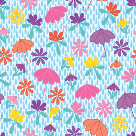 Raindrops make colorful spring flowers and umbrellas seamless pattern print backgroundのイラスト素材