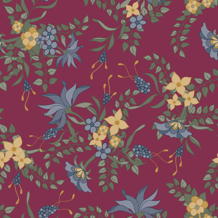 Vintage Mustard Yellow and Blue Floral of India-Inspired on Burgundy Red seamless pattern print backgroundのイラスト素材