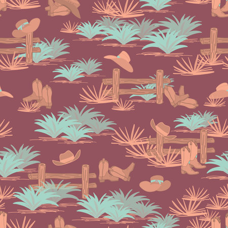 Wild West Fences, Cowboy Boots and Hats, Aloe, and Agave Plants seamless pattern print backgroundのイラスト素材