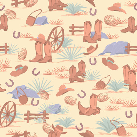Wild West Fences, Cowboy Boots and Hats, Wagon Wheels and Horseshoes seamless pattern print backgroundのイラスト素材