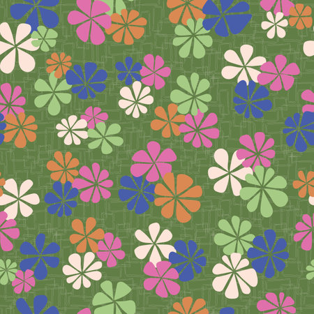 Retro Colorful Love Flowers on Textured Green seamless pattern print backgroundのイラスト素材