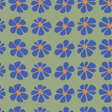 Retro Royal Blue Flowers with Orange Heart Centers on Sage Green seamless pattern print backgroundのイラスト素材
