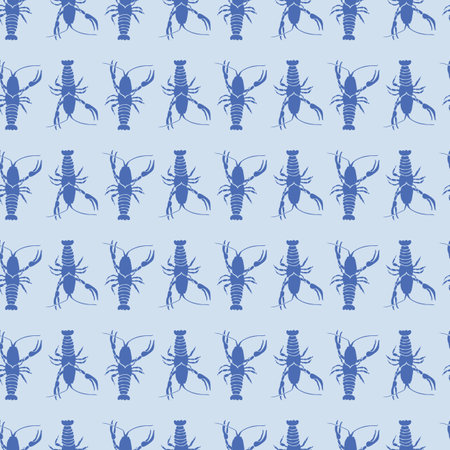 Blue Crayfish in Rows on Fresh Pale Blue Waters seamless pattern print backgroundのイラスト素材