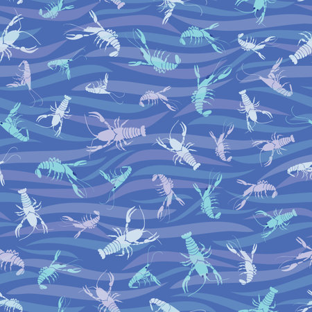 Colorful Pastel Crayfish in Gentle Waves of Fresh Blue Waters seamless pattern print backgroundのイラスト素材