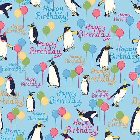 Party Penguins, Colorful Balloons and Happy Birthday on a Blue Background seamless pattern print backgroundのイラスト素材