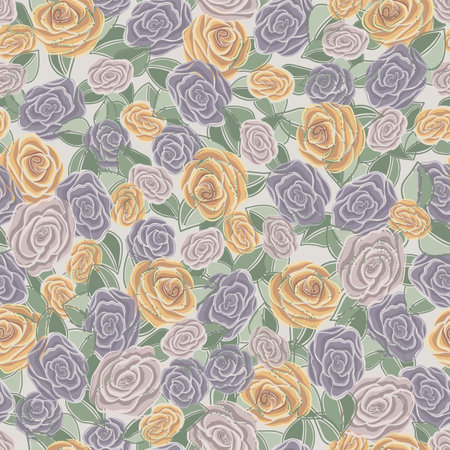 Pink, Yellow, and Purple Roses Packed onto a Pale Background creating a seamless pattern print backgroundのイラスト素材