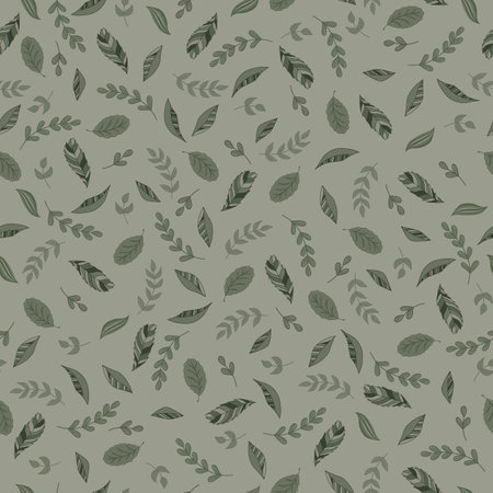Creative Leaves of Greens Scattered on a Sage Green Background creating a seamless pattern print backgroundのイラスト素材